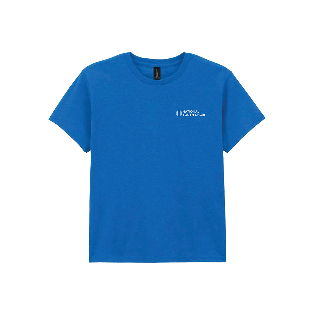 Blue t-shirt with a logo on a white background