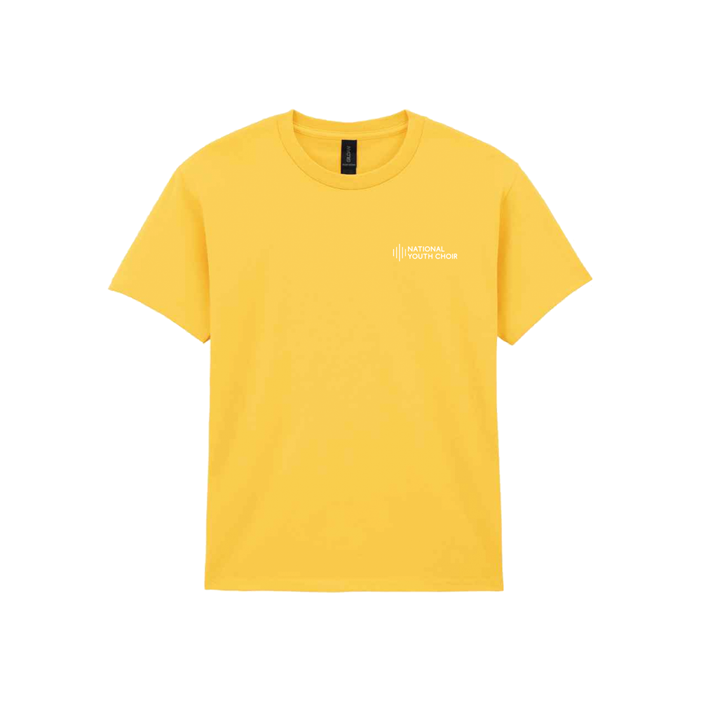 Yellow t-shirt with a logo on a white background