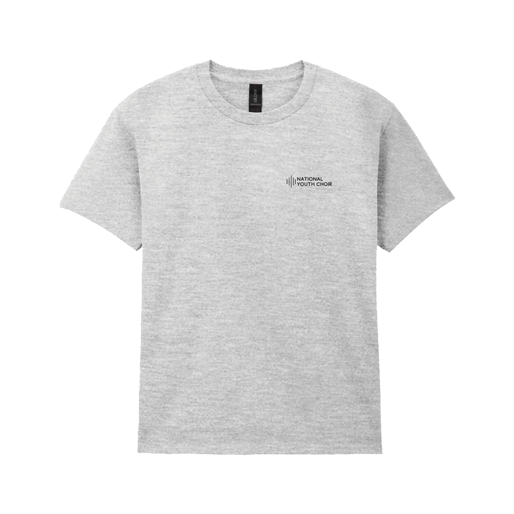 Gray t-shirt with a logo on a white background