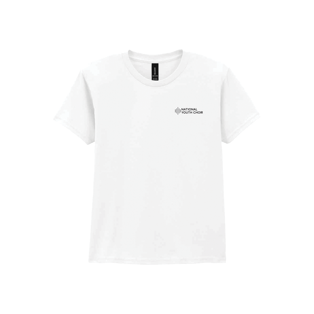 White t-shirt with a logo on a white background