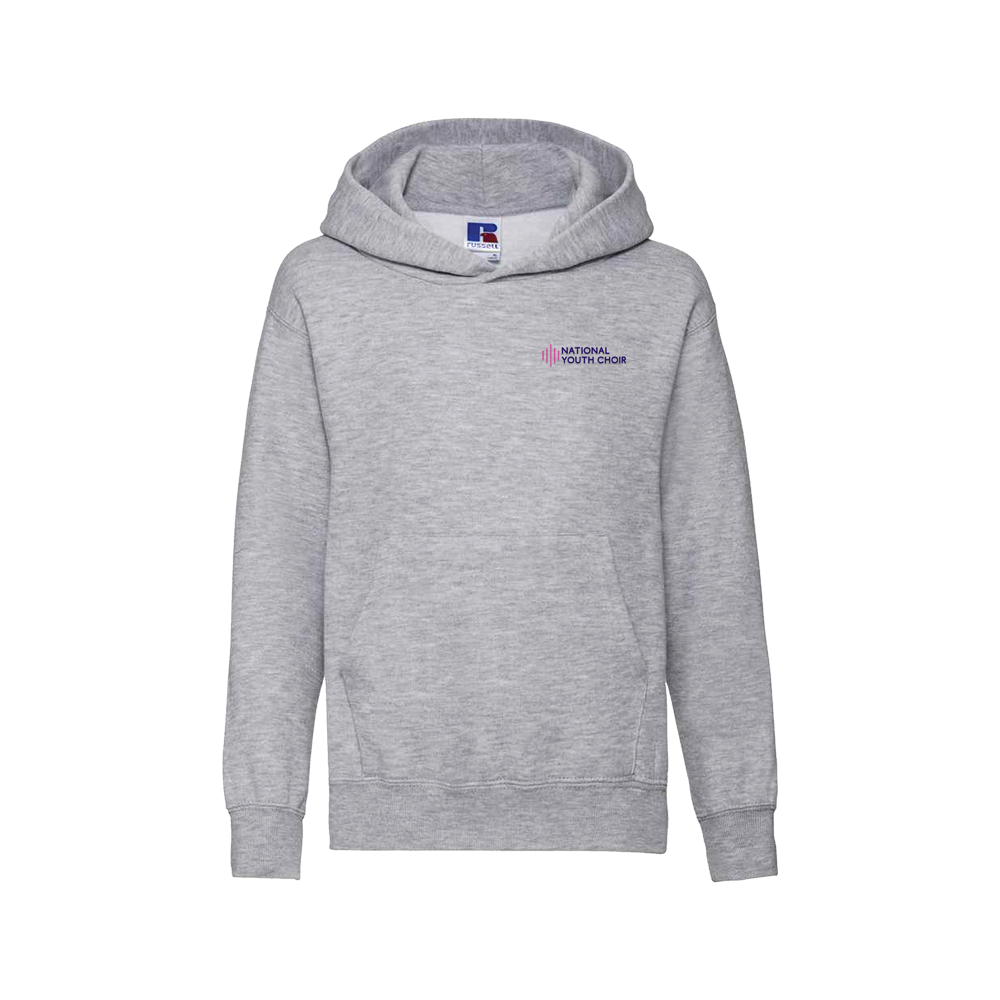 Gray hoodie with a logo on the chest against a white background