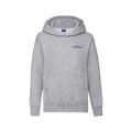 Gray hoodie with a logo on the chest against a white background
