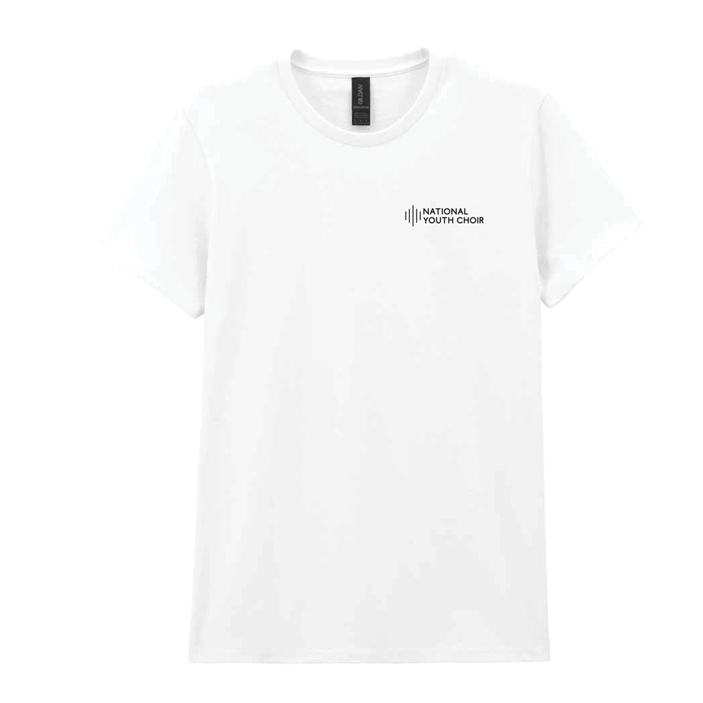 White t-shirt with 'National Youth Chor' logo on a white background