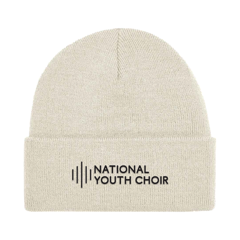 Beige knit beanie with 'National Youth Choir' logo on a white background
