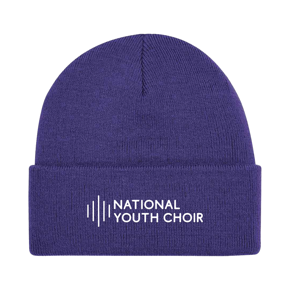Purple beanie with 'National Youth Choir' logo on a white background