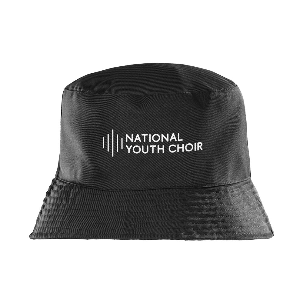 Black bucket hat with 'National Youth Choir' logo on a white background