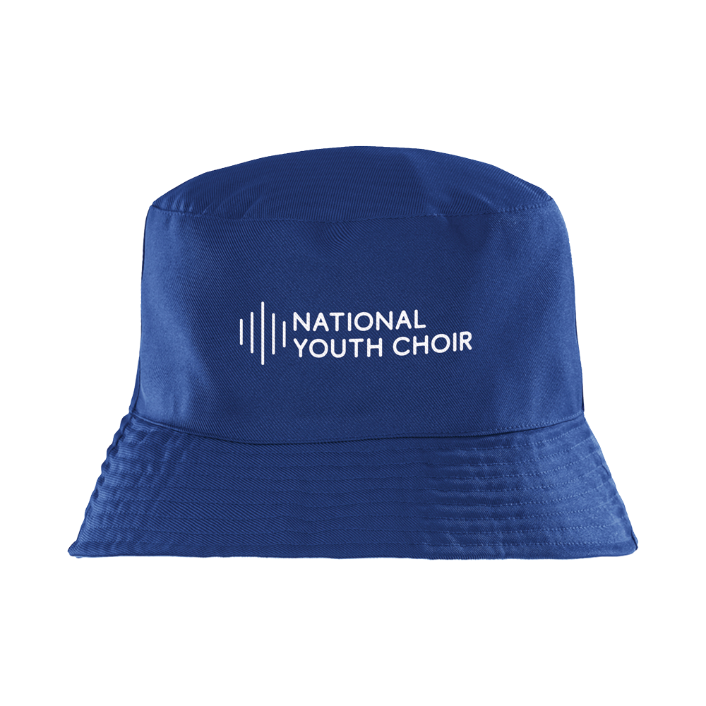 Blue bucket hat with 'National Youth Choir' logo on a white background