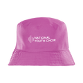 Pink bucket hat with 'National Youth Choir' text on a white background