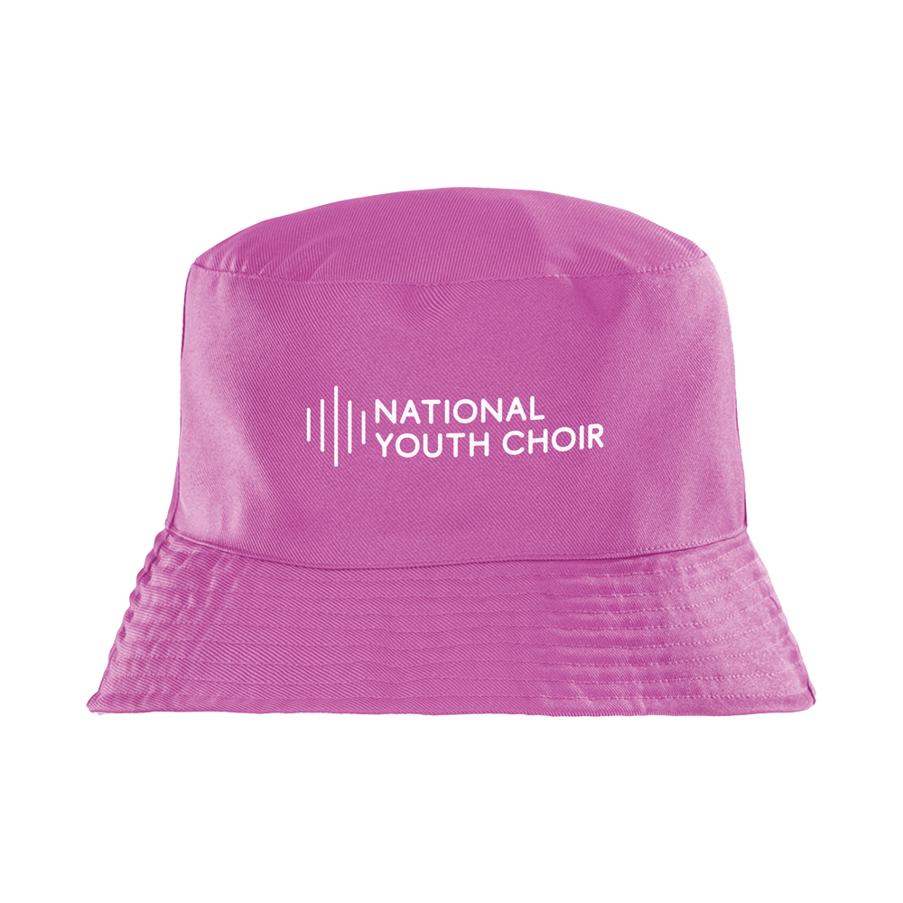 Pink bucket hat with 'National Youth Choir' text on a white background