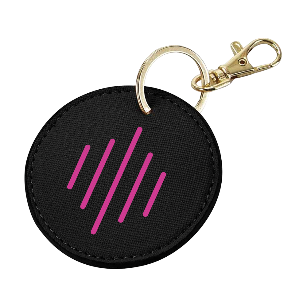 Black round keychain with pink lines and gold clasp on a white background
