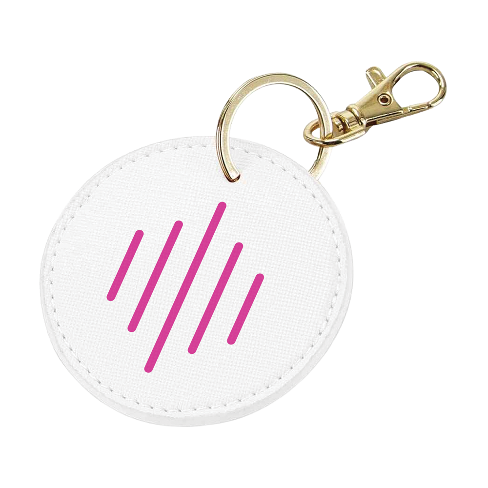 White round keychain with pink lines and gold clasp on a white background