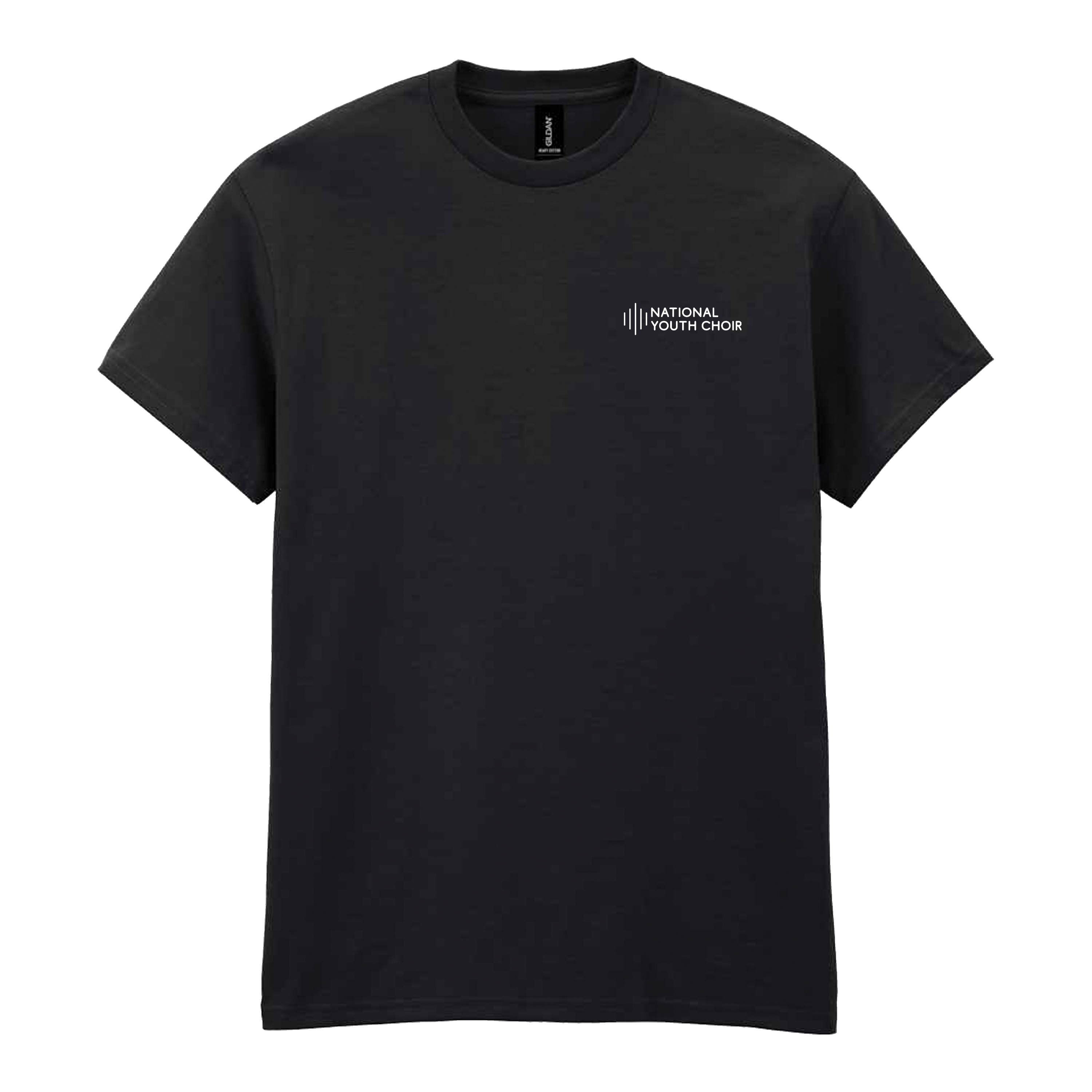 Black t-shirt with a logo on the chest against a white background