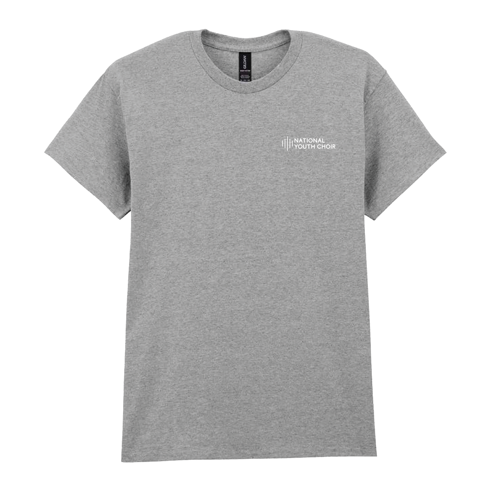 Gray t-shirt with a logo on the chest against a white background