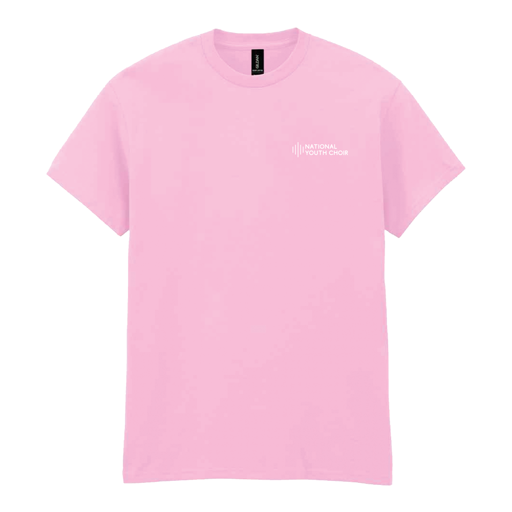 Pink t-shirt with a logo on a white background