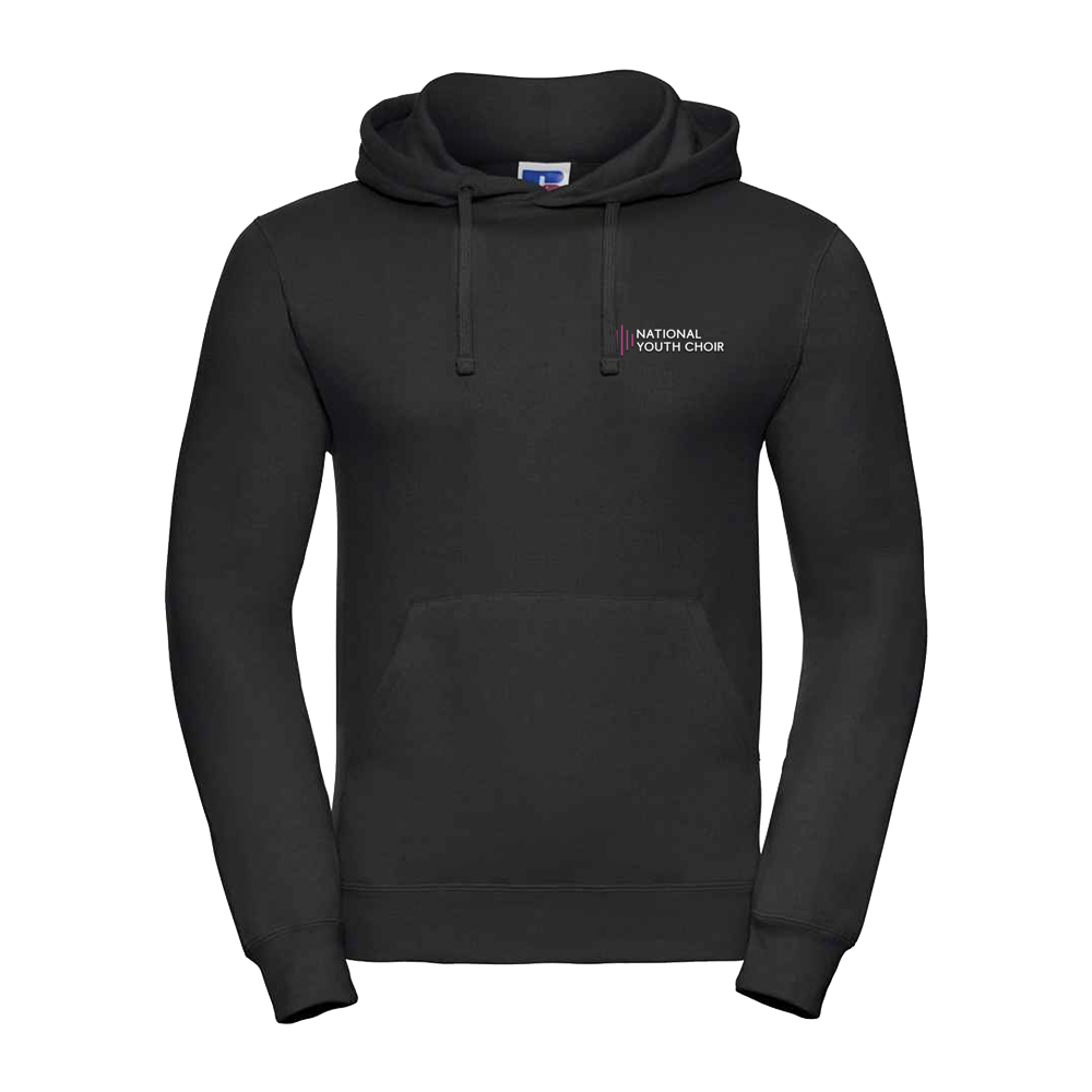 Black hoodie with a logo on the chest against a white background