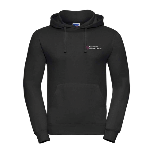 Black hoodie with a logo on the chest against a white background
